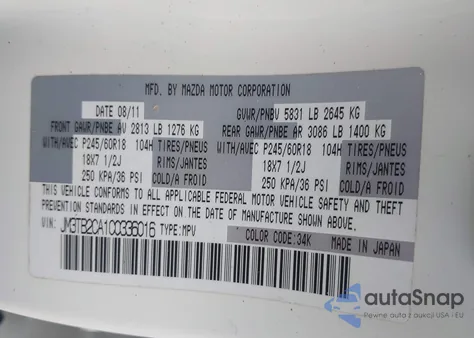 2012 Mazda Cx-9 Touring z USA, uszkodzony, nr VIN JM3TB2CA1C0336016